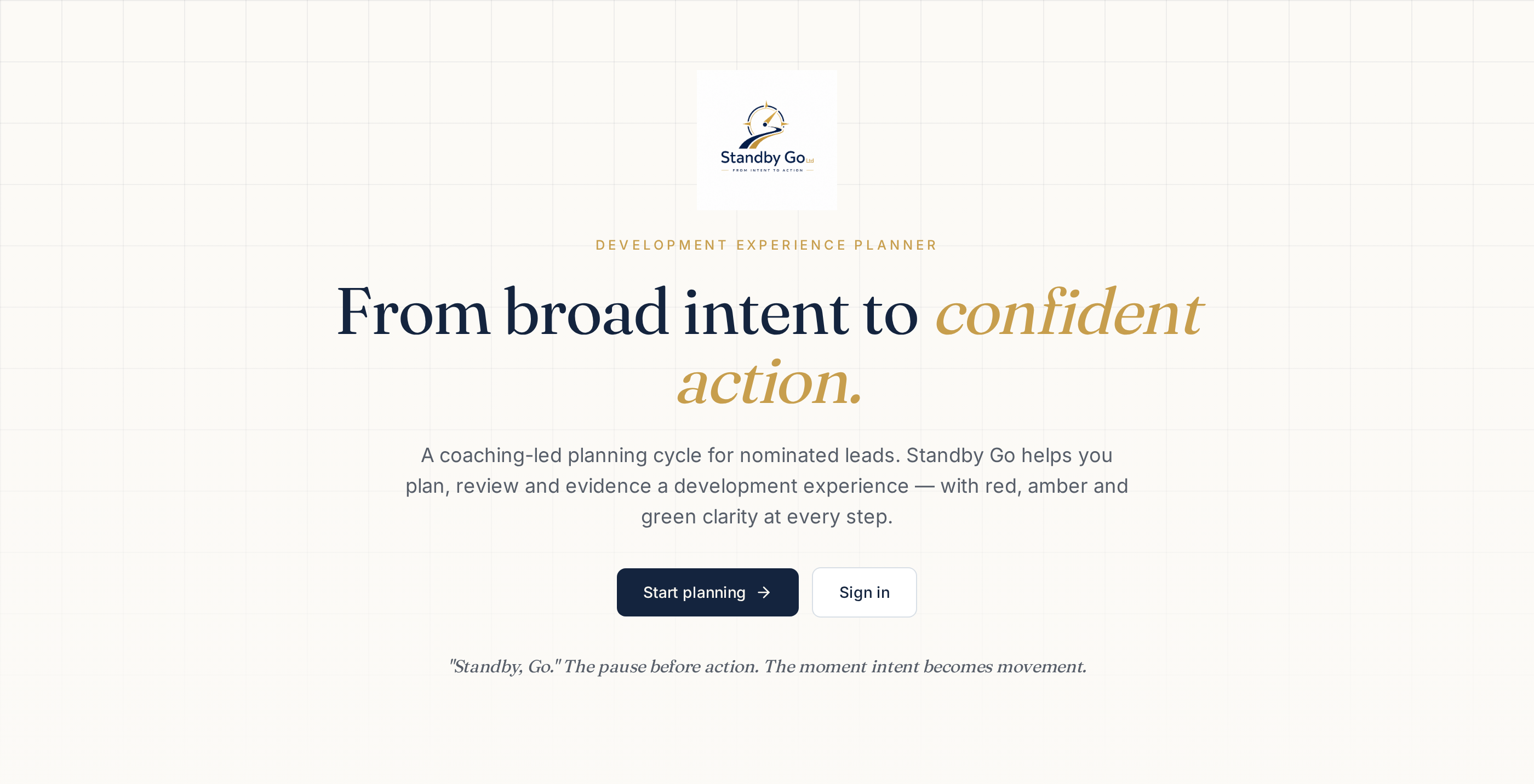Standby Go planning workspace — from broad intent to confident action.